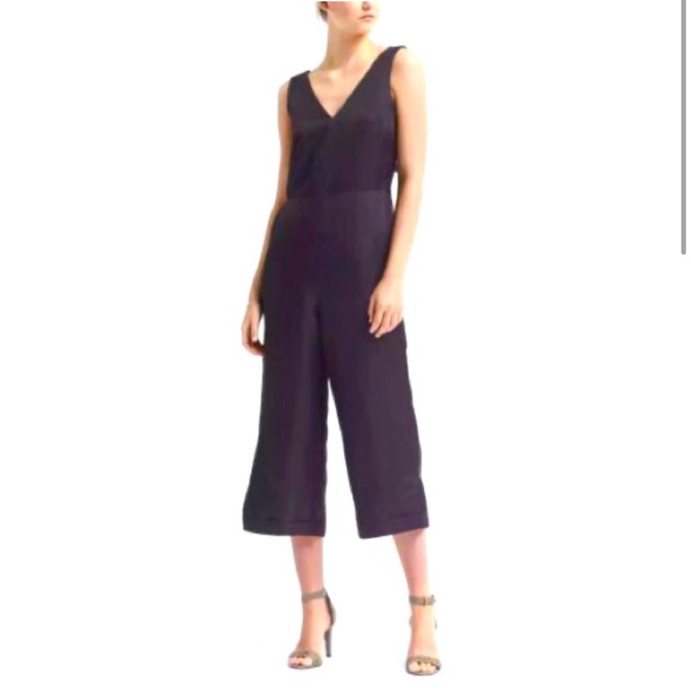 NEW Banana Republic Women’s V-Neck Linen Blend Wide Leg Jumpsuit Navy 00P Petite